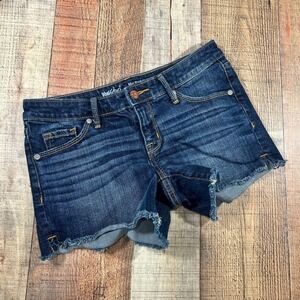 Mossimo Size 2 Dark Wash Denim Mid Rise Midi Shorts Raw Hem Cotton Stretch Y2K